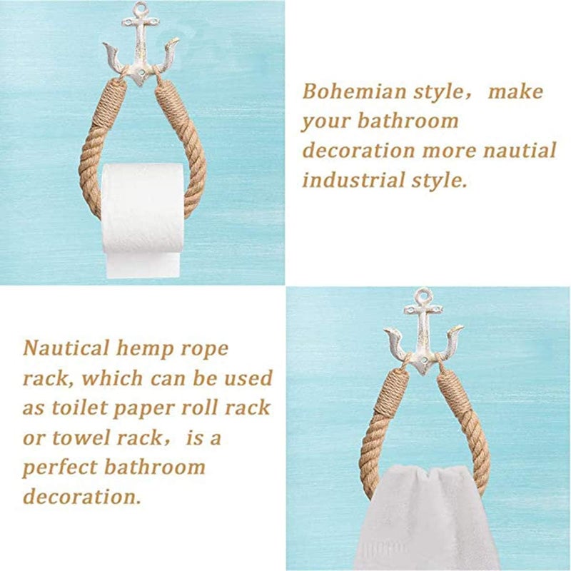 Amerla Nautical Anchor Toilet Paper Holder Rustic Industrial Wall-Mounted Towel Ring with Metal Hook for Bathroom Decor (White) - Image 3
